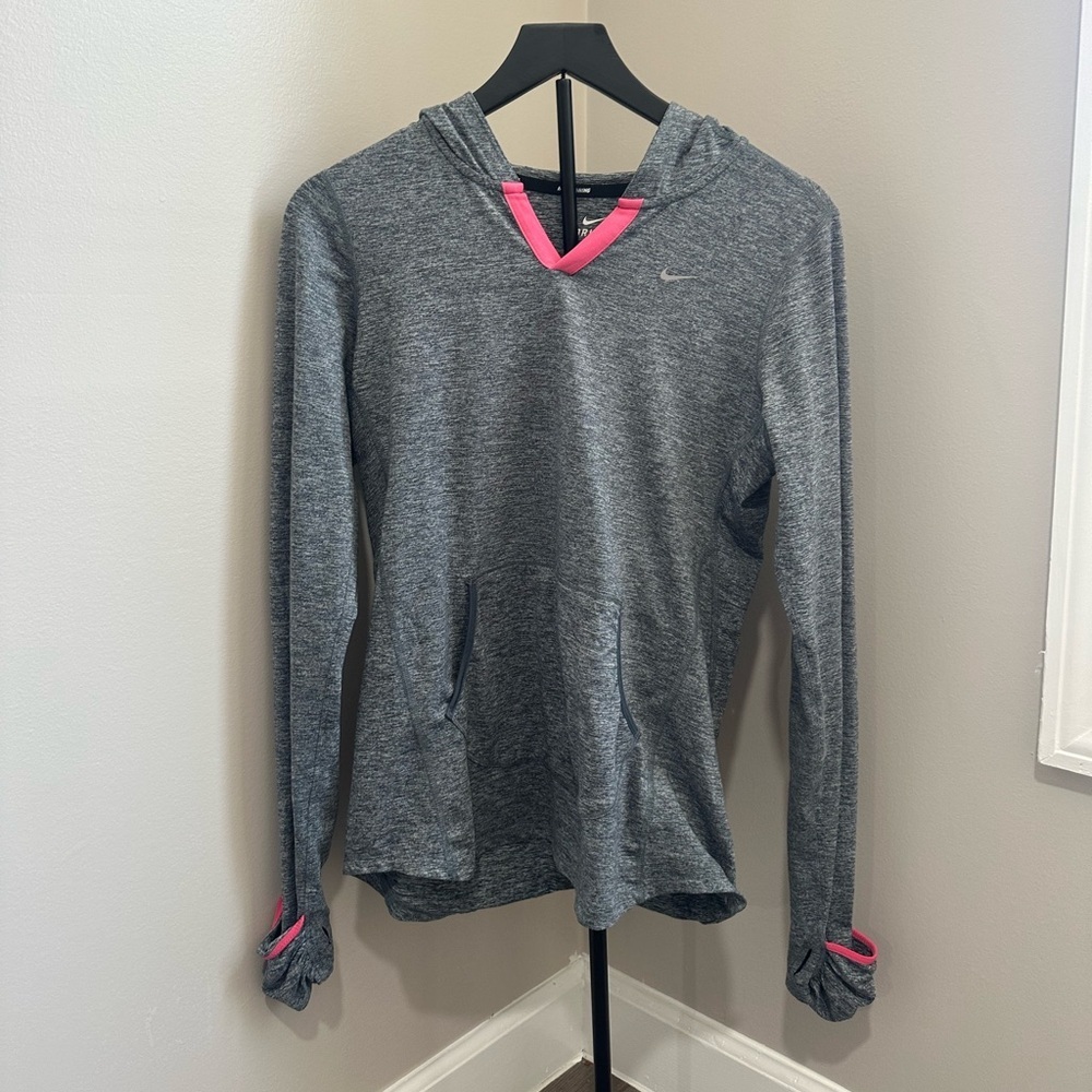 Nike Dri Fit Women's Heather Gray Hoodie with Pink Accents